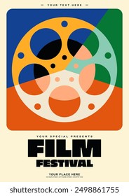 Film reel divided into various parts in different colors. Movie and film festival poster template design background. Can be used for backdrop, brochure, flyer, banner, vector illustration