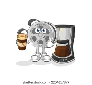the film reel drinking coffee illustration. character vector