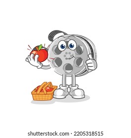 the film reel eating an apple illustration. character vector