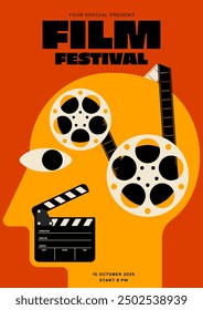 Film reel, filmstrip, clapperboard decorated with human shape isolated on orange background. Movie festival poster template design. Can be used for flyer, banner, brochure, print, vector illustration