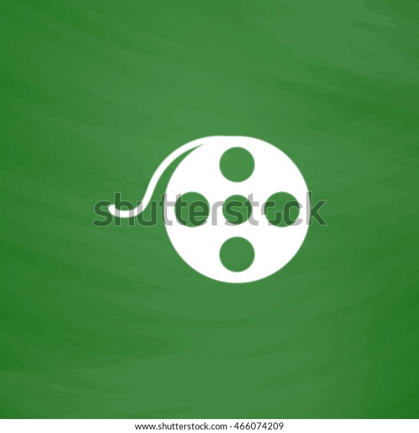 Film reel. Flat Icon. Imitation draw\
with white chalk on green chalkboard. Flat Pictogram and School\
board background. Vector illustration\
symbol