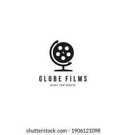 Film reel with globe stand illustration, Global movie film logo icon sign symbol design concept