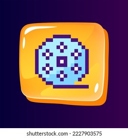 Film reel glossy ui button with pixelated color icon. Cinema tickets booking. Amusement. Editable 8bit graphic element on shiny glass rectangle shape. Isolated image for arcade, video game design
