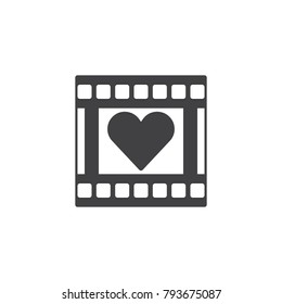 Film reel with heart frame icon vector, filled flat sign, solid pictogram isolated on white. Romantic movie symbol, logo illustration.