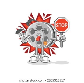 The Film Reel Holding Stop Sign. Cartoon Mascot Vector