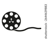 Film reel icon. Cinema tape symbol. Black movie vector. Abstract media shape.