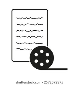 Film reel icon. Document vector shape. Media and records. Black graphic style.