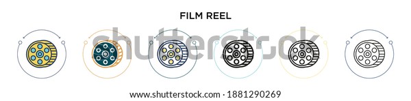 Film reel icon in\
filled, thin line, outline and stroke style. Vector illustration of\
two colored and black film reel vector icons designs can be used\
for mobile, ui, web