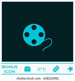 Film reel icon flat. Blue pictogram on dark background. Vector illustration symbol and bonus icons