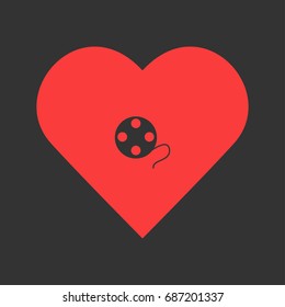Film reel icon flat. Simple pictogram on heart background. Vector illustration symbol