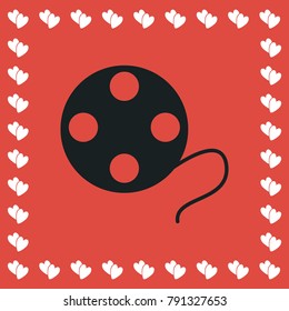 Film reel icon flat. Simple black pictogram on red background with white hearts for valentines day. Vector illustration symbol