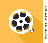 Film reel icon on yellow background. Filmmaking equipment icon. Cinema symbol. Vector illustration