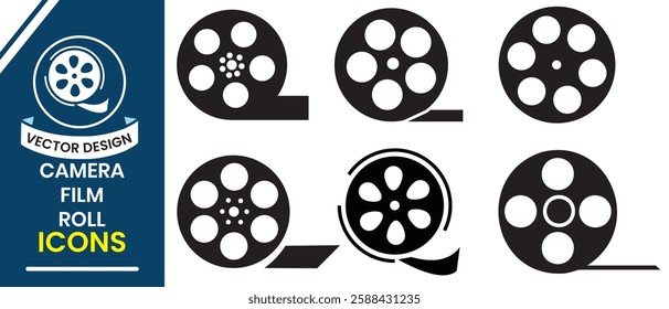 Film reel icon vector illustration. Camera film roll silhouette symbol. Curved film strip, element for cinema, app, logo, web design. Movie and video symbol design. Vector illustration.