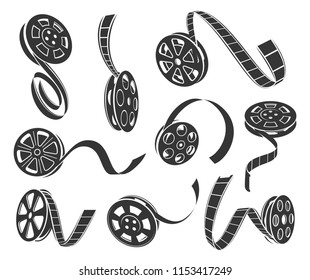 Film reel icons vector set isolated from background. Simple monochrome logo for movie posters, brochures, booklets, business cards. Black and white collection of various movie reel signs. 