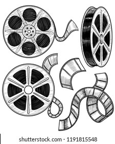 Film reel illustration, drawing, engraving, ink, line art, vector