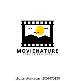 Film reel with an illustration of a landscape in a retro style, good for movie agency, production house, movie store or any business and brand related to movie. Logo vector template