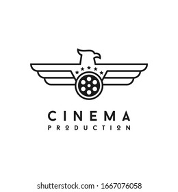 Film reel and line art eagle bird with star for movie production logo design