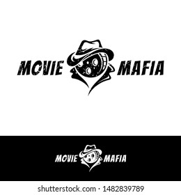 Film Reel with Man/Mafia Head Style Logo for  Movies and Cinema Production.Grunge/Rustic Flat Style