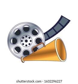 film reel and megaphone over white background, colorful design, vector illustration