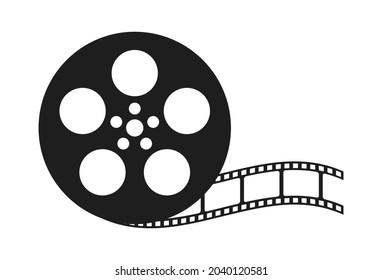 Film reel movie icon. Old retro reel with film strip on white background. Vector illustration isolated.