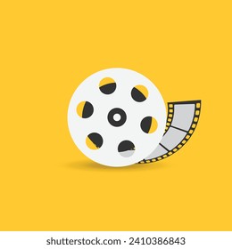 Film reel movie icon, Old retro reel with film strip on yellow background. Vector illustration