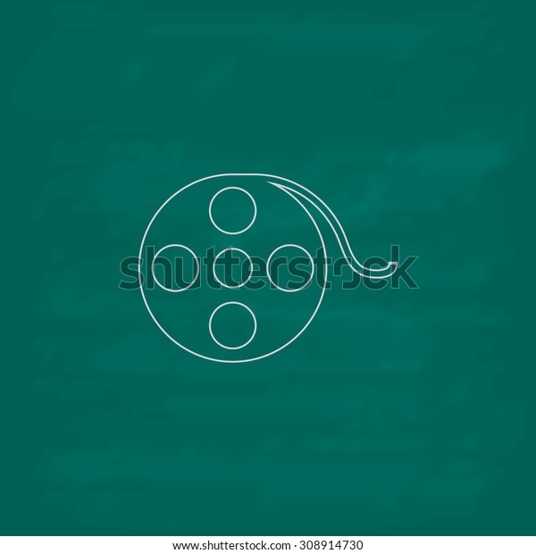 Film reel. Outline vector icon.\
Imitation draw with white chalk on green chalkboard. Flat Pictogram\
and School board background. Illustration\
symbol