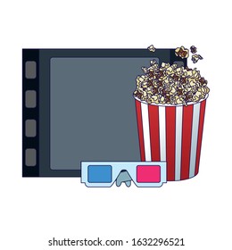 film reel piece with pop corn and 3d glasses over white background, vector illustration