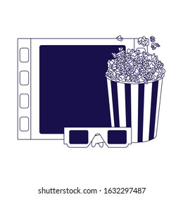 film reel piece with pop corn and 3d glasses over white background, flat design, vector illustration