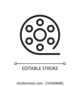 Film reel pixel perfect linear ui icon. Motion pictures. Recorded strip. Online marketplace. GUI, UX design. Outline isolated user interface element for app and web. Editable stroke. Arial font used