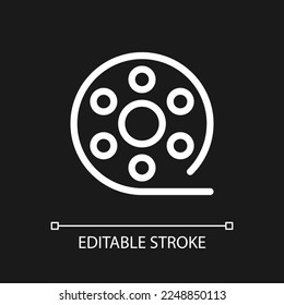 Film reel pixel perfect white linear ui icon for dark theme. Motion pictures. Recorded strip. Vector line pictogram. Isolated user interface symbol for night mode. Editable stroke. Arial font used