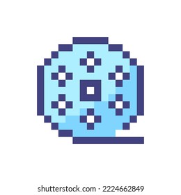 Film reel pixelated RGB color ui icon. Motion pictures. Recorded strip. Simplistic filled 8bit graphic element. Retro style design for arcade, video game art. Editable vector isolated image