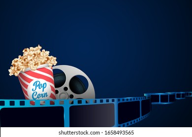 Film reel, popcorn, film strips in waveform. Modern cinema background. Design template can be used for advertising, brochure, ticket, poster, festival. Vector cinematography concept of film industry