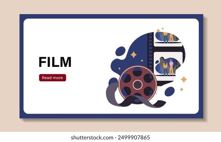 Film reel poster. Tape reel with movie. Creativity and art. Film and TV series production, theater industry and cinematography. Flat vector illustration isolated on beige background