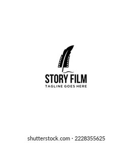 Film reel quill pen logo design minimalist black and white icon for storytelling and cinema
