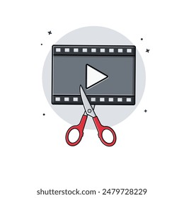 Film Reel with Scissor Vector Illustration. Video Editing Concept Design