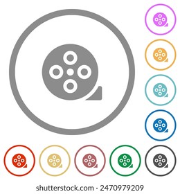 Film reel solid flat color icons in round outlines on white background