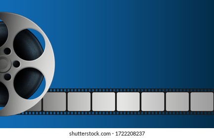 Film reel and film strip isolated on blue background. Realistic Cinema Background with place for your text. 3d movie art template for cinema festival, ticket, brochure, banner, poster. Movie design.