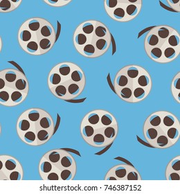 Film reel with strip over blue seamless pattern. Vector illustration