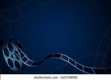 Film reel with film strips isolated on blue background. Cinema background with place for your text. 3d movie art template for cinema festival, ticket, advertising, brochure. Concept of film industry.