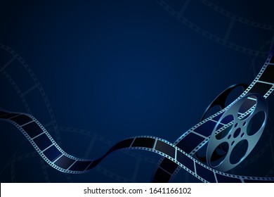 Film reel with film strips in waveform. Modern cinema background. Design template can be used for advertising, backdrop, brochure, ticket, publication, poster. Cinematography concept of film industry.