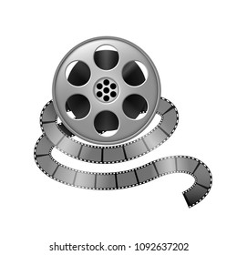Film reel and twisted cinema tape isolated on white background. vector illustration.