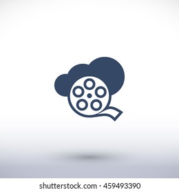 Film reel vector icon. Cloud pictogram. Graphic symbol for web design, logo. Isolated sign on a white background.