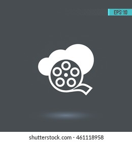 Film reel vector icon. Cloud pictogram. Graphic symbol for web design, logo. White glyph on a gray background. Isolated sign.