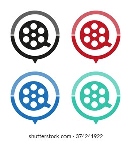 film reel - vector icon; map pointer;  message bubble