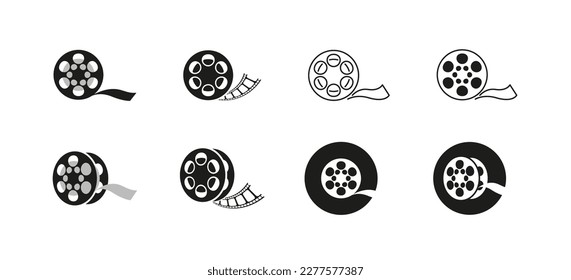 Conjunto de iconos del vector del carrete de película. Reels de película, colección de símbolos de rollo de cinta de tiras de película.