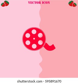 Film reel vector  icon. Strawberry Background.