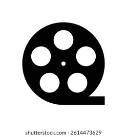 Film Reel Vector Silhouette, Black Icon with Five Circular Holes and Film Strip, Vintage Cinema Illustration Isolated on White Background for Media and Entertainment Design