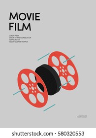 Film reel vintage retro poster background, isometric shape, vector illustration