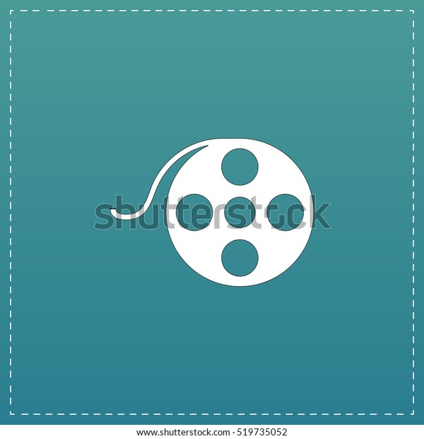 Film reel. White flat icon with black stroke\
on blue background