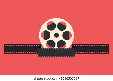 Film reel wrapped in movie filmstrip on red background. Retro cinema emblem. Vector illustration